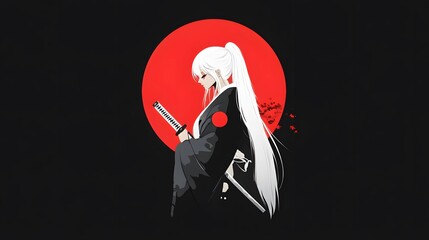Anime girl in black kimono with long white hair holding a katana against a red circle background.