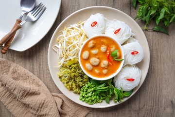 kanomjeen namya krati ,Rice vermicelli with minced fishes and meatball  and coconut milk  in red curry on white plate side dish with vegetables	