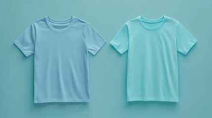 Two pastel green and blue t-shirts are shown in a mockup. You can see the front, back, and sides.  This is a template for designing graphics on t-shirts.