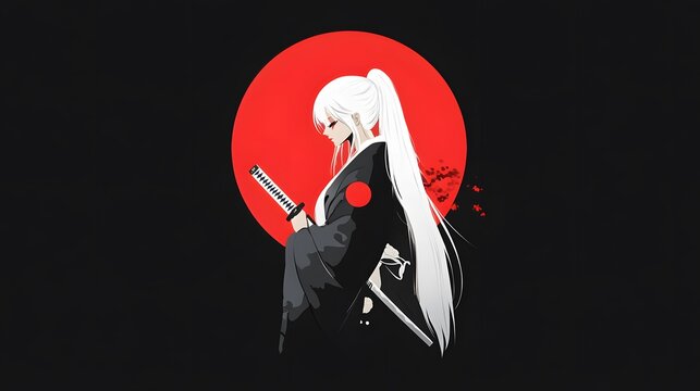 Anime girl in black kimono with long white hair holding a katana against a red circle background.