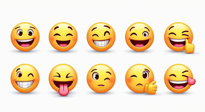 Colorful Emoji Faces Collection Illustration Featuring Ten Expressive Smiley Emoticons for Social Media and Communication.
