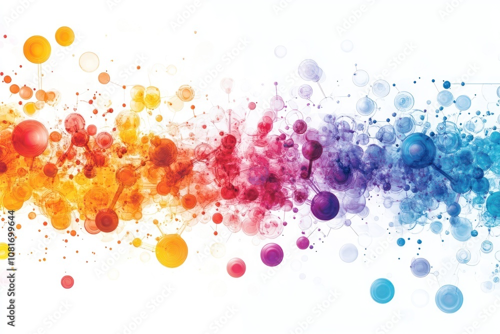 Poster abstract background with colorful circles connected by lines, forming a rainbow-like gradient patter
