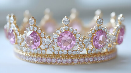 Close-up of a Sparkling Gold Crown Adorned with Pink and White Gems, Luxurious Jewelry.