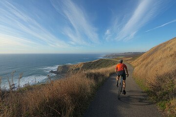 Obraz premium A cyclist riding along the coastline on an narrow coastal path with tall grasses and cliffs overlooking the ocean, blue sky with white clouds, sense of adventure.