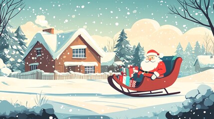 santa claus riding a sleigh full of gifts with snowy scenery