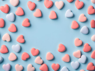 Valentine's Day background. Composition with candy hearts on pastel blue background. Valentines Day greating card. Flat lay, top view.
