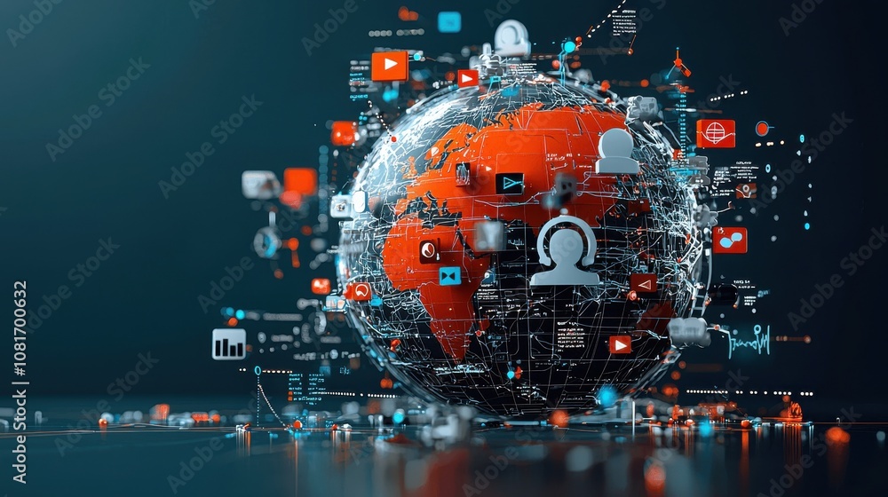 Aufkleber visualizing collaboration abstract globe with social icons global network digital art futuristic env