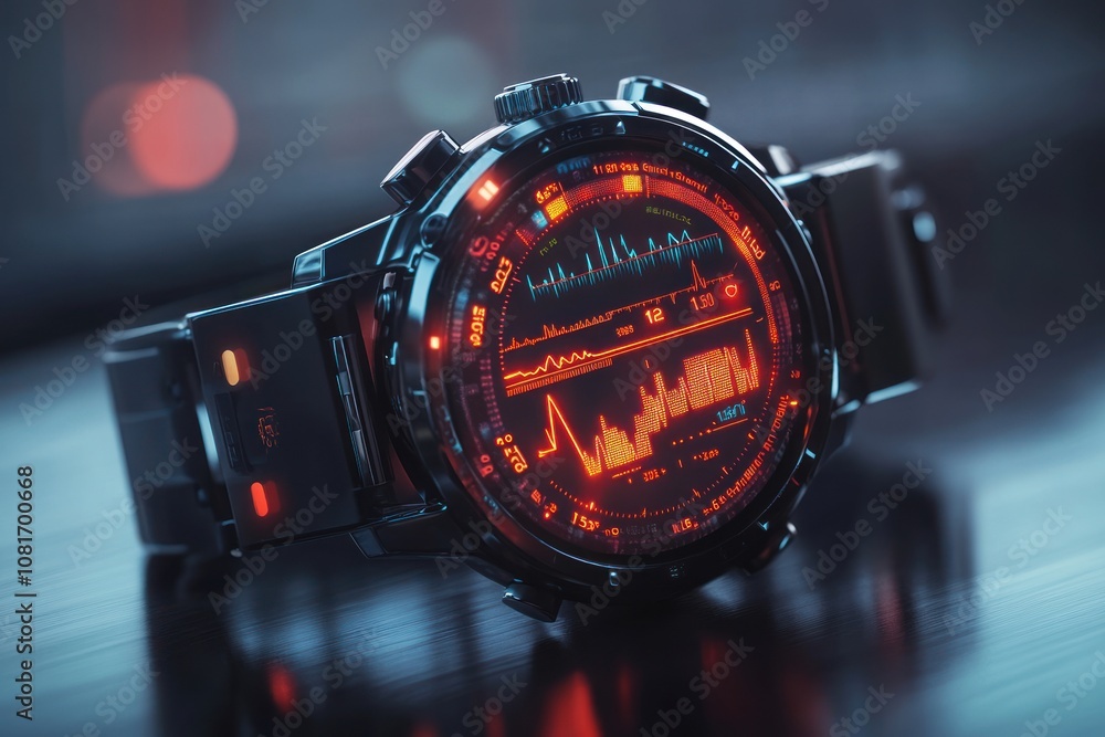Poster a close-up shot of a futuristic digital watch with a red display showing a graph and other informati