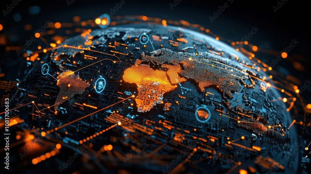 Poster visualizing global connectivity world digital map abstract aerial view digital connections