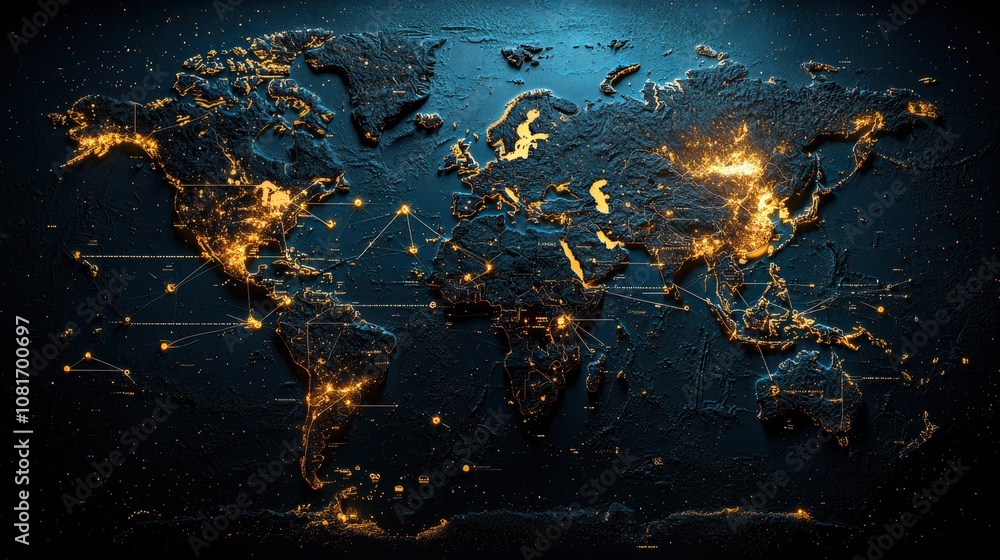 Poster Connecting digital networks global map abstract visualization digital environment aerial view digital connections