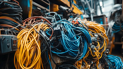 Tangled Mass of Colorful Electrical Cables and Wires in a Pile, Detailed Close-Up View