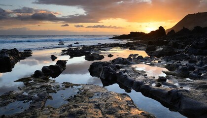 Fototapeta premium Rocky Beach With Jagged Black Rocks and Shimmering Tide Pools Reflecting the Colors of the Setting Sun, With Waves Gently Crashing on the Shore in the Distance