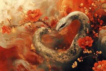 Obraz premium Artistic depiction of a snake entwined with flowers and symbols of fortune, set against a background of swirling red and gold colors.