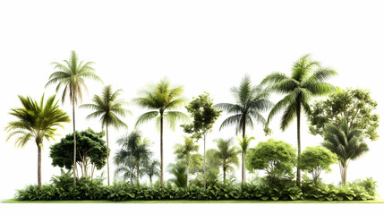 Obraz premium Lush Tropical 3D Render: Palm Trees and Diverse Foliage Against White Background