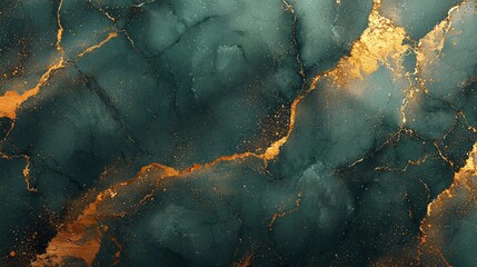 Abstract dark teal and gold marbled texture with cracks and speckles.