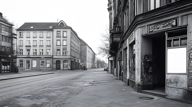 Fototapeta Empty street with a closed shop in a European city.