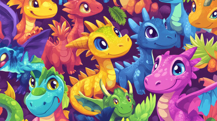 A collection of cute, cartoon dragons and dinosaurs with bright colors and big, winking eyes. They're perfect for kids' wallpapers and illustrations.