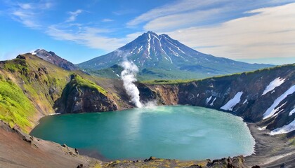 Naklejka premium The Majestic Active Volcanoes and Steaming Crater Lakes of Kamchatka Peninsula, Russia, Set in a Rugged and Remote Wilderness Rich in Untamed Natural Beauty and Adventure
