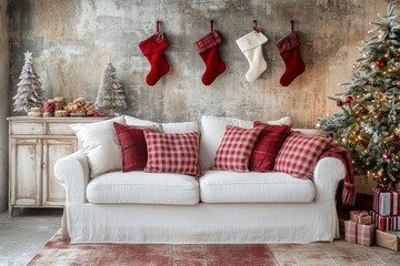 Christmas-themed living room with white sofa, red plaid pillows, festive stockings, tree with lights, and cookies in an ice cream-colored sideboard against grey walls.