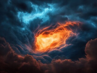 A dramatic sky illuminated by vibrant orange and blue hues, showcasing the beauty of nature's storms.
