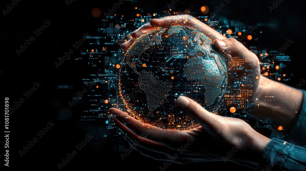 Poster Supporting global standards digital environment graphic design abstract view hands embracing a globe