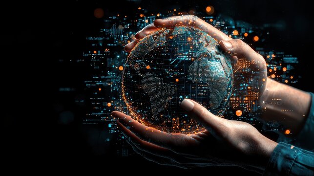 Supporting global standards digital environment graphic design abstract view hands embracing a globe