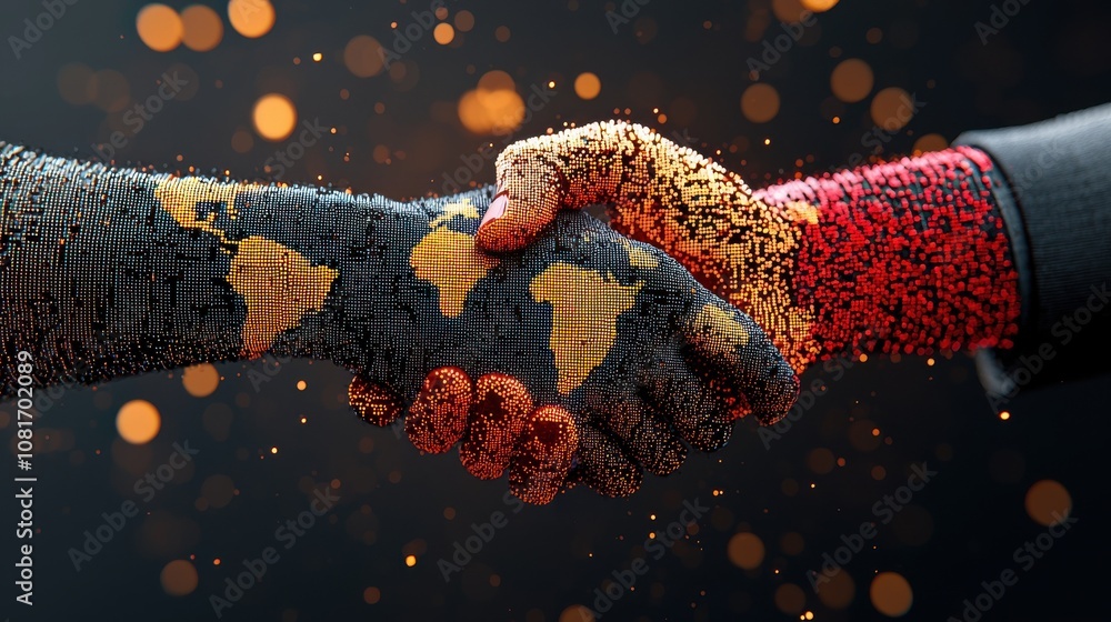 Poster Digital handshake symbolizing global standards virtual space 3d render abstract environment close view international collaboration