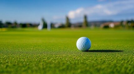 Obraz premium A golf ball on the green, outdoor course setting with blue sky, Classic style