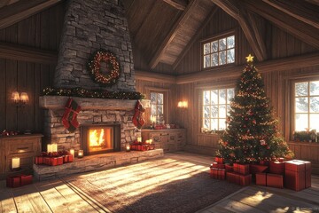 Fototapeta premium Cozy cabin interior with wooden walls, fireplace adorned with wreaths and candles, Christmas tree surrounded by red gift boxes, and warm lighting creating a festive atmosphere.