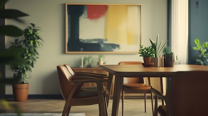 Minimalist dining room with wooden table and chairs, green plants and abstract artwork on the wall.