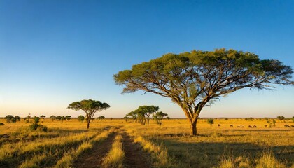 Obraz premium Vast Open Savannah Stretching to the Horizon, With Towering Acacia Trees Dotted Across the Landscape, Beneath a Clear Blue Sky and Gently Grazing Herds in the Distance