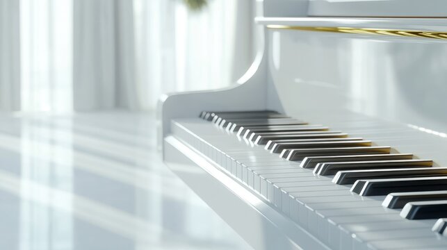 Elegant White Grand Piano in Bright Modern Interior with Soft Natural Light, Showcasing Smooth Keys and Artistic Design in a Serene Atmosphere