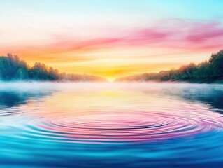 Fototapeta premium Mist rising over a freshwater river at dawn, subtle ripples breaking the surface, serene and tranquil morning atmosphere