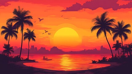 A vibrant sunset casts a warm glow over a tropical beach with palm trees and a lone boat on the water.