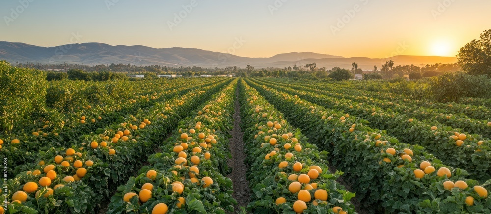 Poster rows of orange trees in a field at sunset with distant mountains in the background.