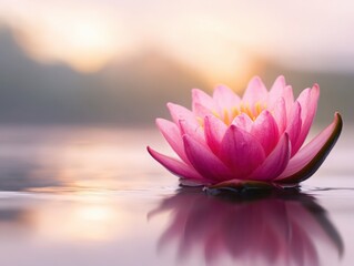 A serene pink water lily floating on calm water at sunrise.