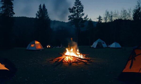 Night camping scene with a tent in a forest near a campfire under a starry sky surrounded by trees and mountains