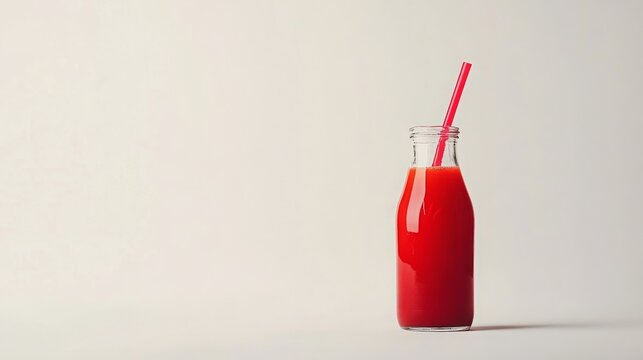 Freshly squeezed vibrant orange juice in a clear glass bottle with a bright pink straw against a minimalistic light background for refreshing beverage design.