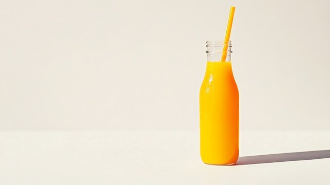 Refreshing Orange Juice in a Clear Glass Bottle with a Bright Straw on a Minimalist Background, Ideal for Healthy Lifestyle and Beverage Promotions