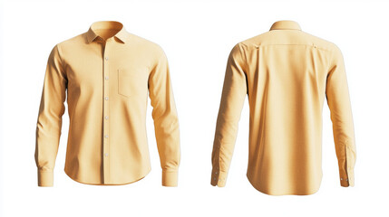 Two views of a light orange-yellow button-up shirt, showing the front, back, and side. It's isolated on a white background and ready for your design!