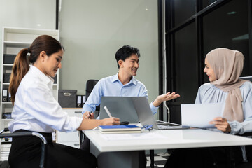 teammates involved in dialogue in conference room, sharing ideas, creative thoughts and business...