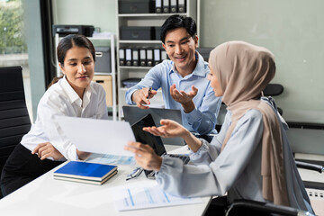 teammates involved in dialogue in conference room, sharing ideas, creative thoughts and business vision, gathered for decision-making, listening insights during teamwork meeting in office.