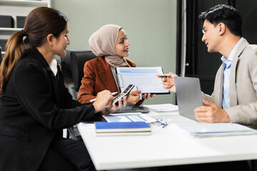 teammates involved in dialogue in conference room, sharing ideas, creative thoughts and business vision, gathered for decision-making, listening insights during teamwork meeting in office.