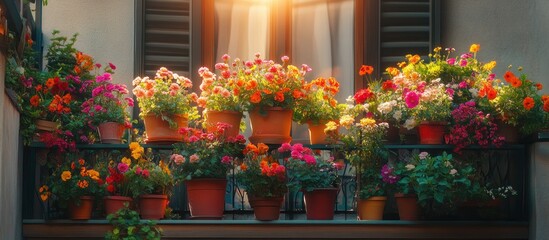 Naklejka premium A balcony overflowing with colorful flowers in terracotta pots.