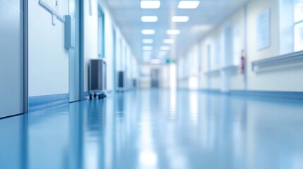 Obraz premium Empty hospital hallway with blue floor. The photo can be used to represent healthcare, cleanliness, and sterile environments.
