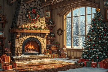 Obraz premium Living room with stone fireplace, Christmas tree, and presents, featuring a large window with snow outside. Vintage style, hyper-realistic holiday scene.