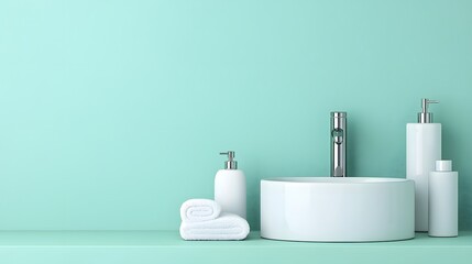 Chic and Minimalist Bathroom Essentials on a Soft Mint Background for Ultimate Relaxation. Bathroom, Hygiene, Sparkle Concept