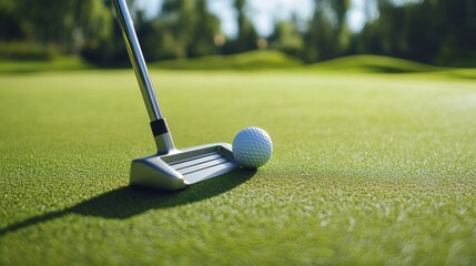 A golf ball on the green with putter nearby, outdoor setting on a green fairway, Elegant style
