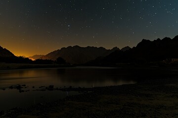 Night sky, stars, mountains and a mysterious view