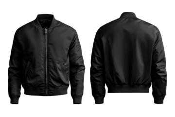 stylish black bomber jacket for your mockup, front and back view. transparent background